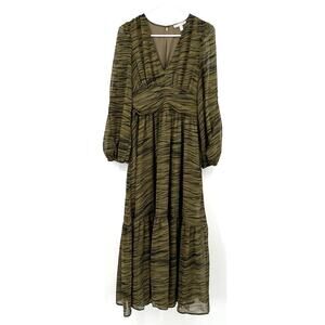 Chelsea28 Size Small Long Sleeve Maxi‎ Dress Green Black Tiered Skirt Rear Zip